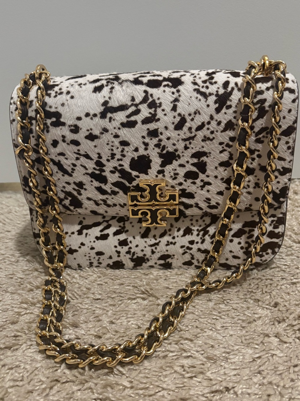 Tory Burch Black & White Speckled Chain Crossbody with Gold Hardware